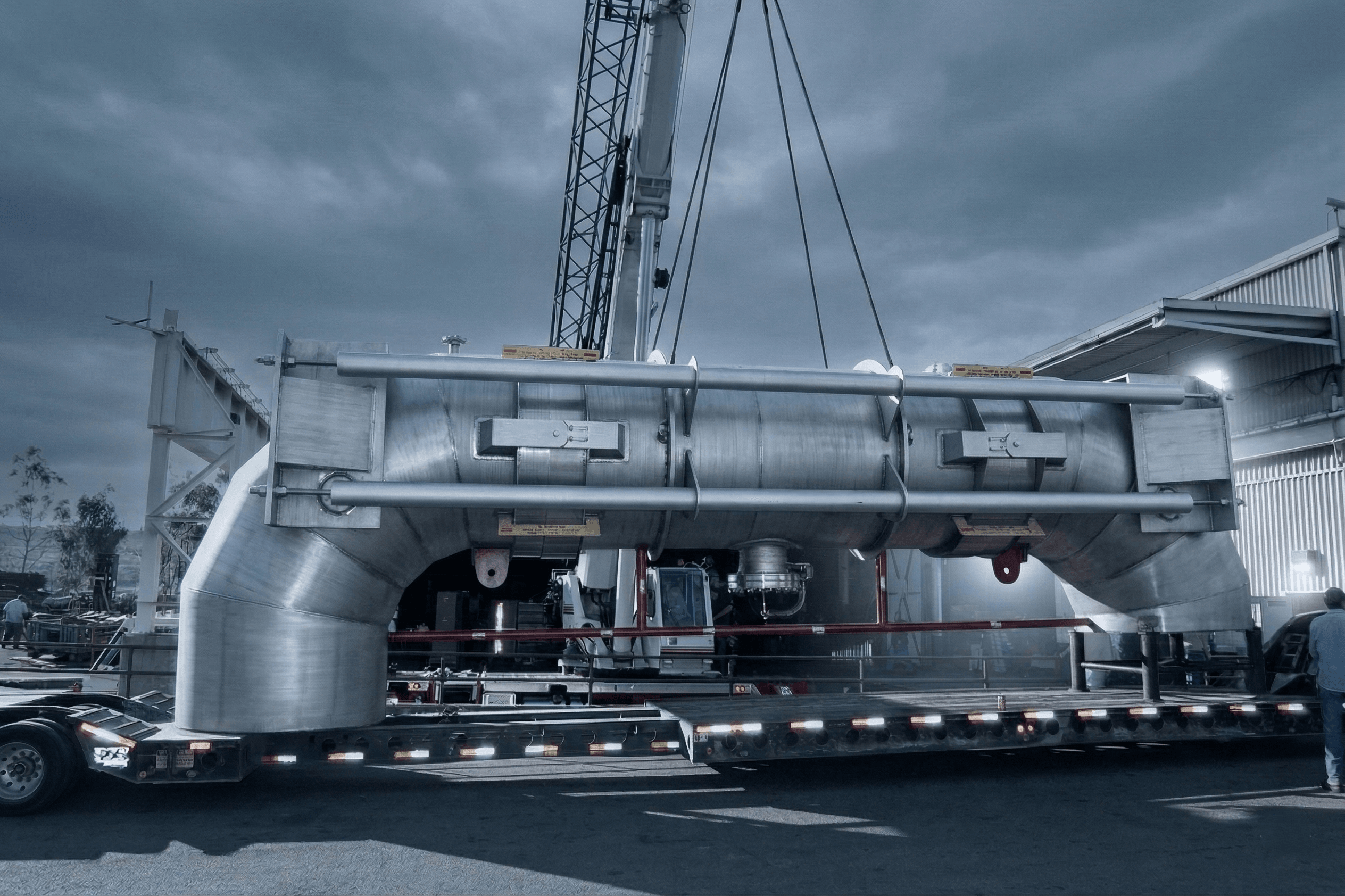 Large piping assembly with crane